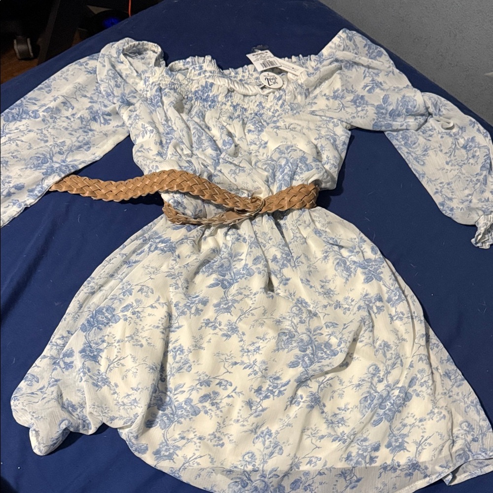 Wallflower Blue Floral Kids Dress with Tan Belt